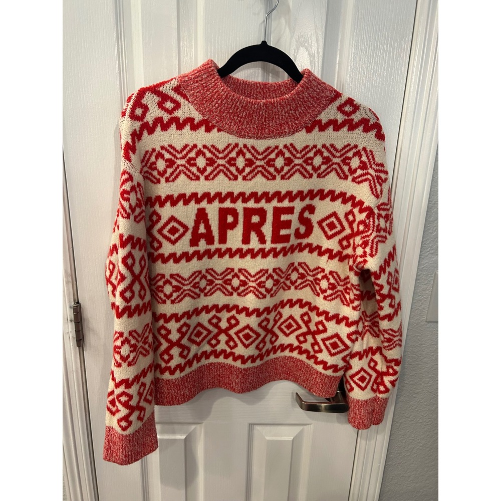 A New Day Sweater Red Cream Apres Fair‎ Isle Ski Holiday Knit Mock Neck S